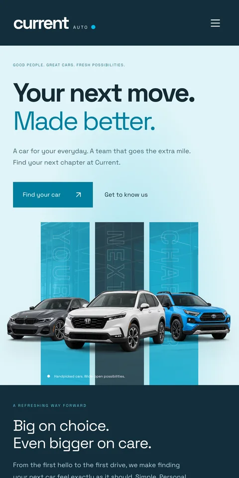 Current Auto, an example dealership website, on a phone