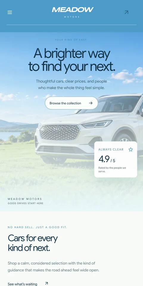 Meadow Motors, an example dealership website, on a phone